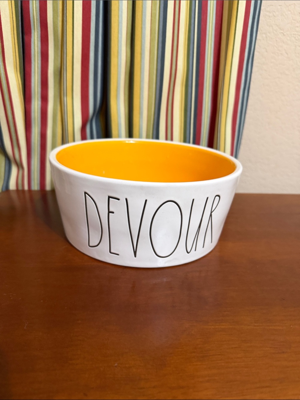 Rae Dunn White Dog Bowl with Orange Interior - 'DEVOUR'